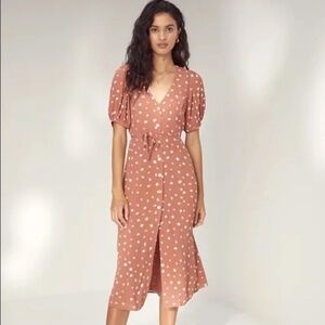 Wilfred Libretto Dress Genuine Brown Birch Polka Dot Midi Puff Sleeve XXS